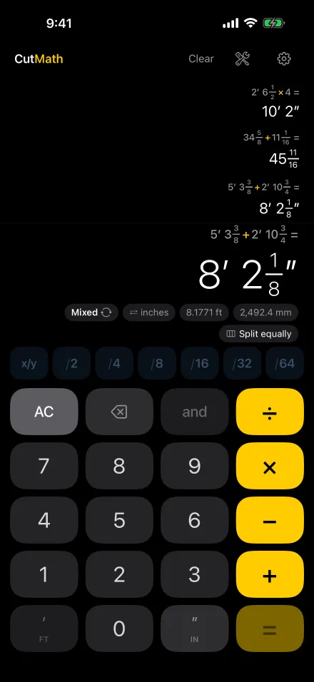 CutMath showing 5′ 3⅜″ + 2′ 10¾″ = 8′ 2⅛″, with the answer also in inches, decimal feet and millimetres, and earlier calculations in History above
