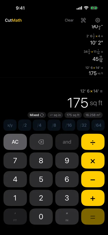 12′ 6″ × 14′ = 175 square feet, with the metric equivalent of 16.258 square metres