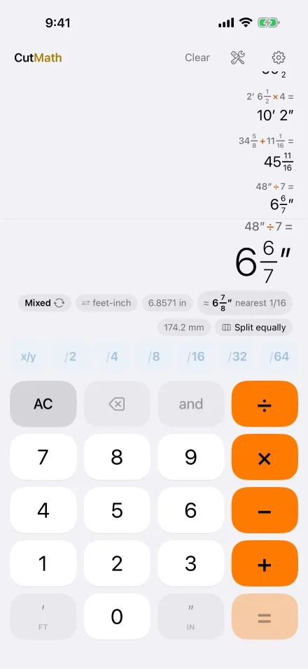 Light theme with orange keys: 48″ ÷ 7 = 6 6/7″, with the nearest 1/16″ mark, 6 7/8″