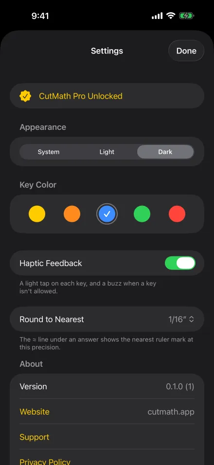 Settings: CutMath Pro unlocked, appearance, key color, haptic feedback, rounding precision, and links to support and the privacy policy